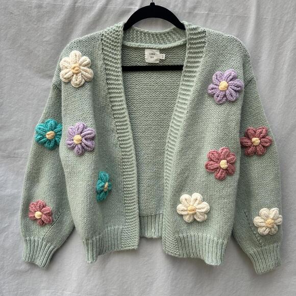 Luna Ivy Sweaters - Luna Ivy Anthropologie Mint Green Knit Oversized Cardigan with Flowers Sz XS